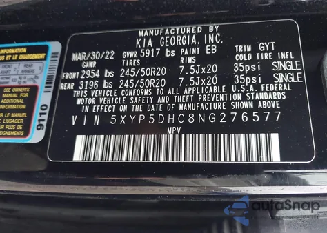 2022 Kia Telluride Sx z USA, uszkodzony, nr VIN 5XYP5DHC8NG276577